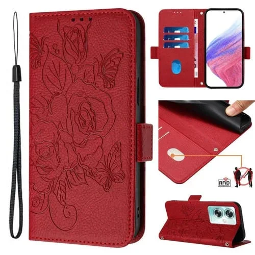 Funda de Cuero Antirrobo RFID para OnePlus Nord N30 Se 5G con Relieve Rosa (Rojo)