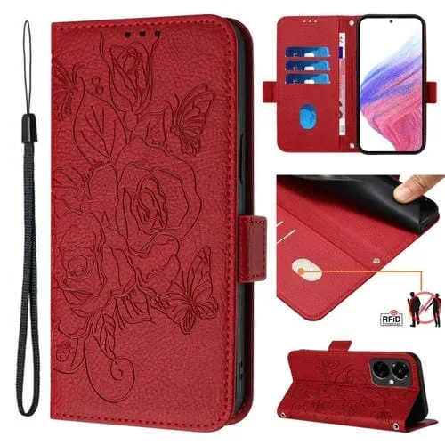 Funda de Cuero Antirrobo RFID para Tecno Camon 19 Pro 5G con Relieve (Rojo)