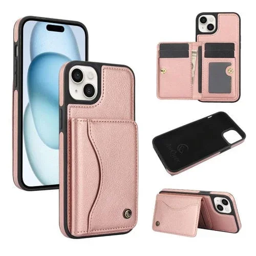 Funda de Cuero Awquer para iPhone 15 con Tapa Horizontal y Tarjetero (Oro Rosa)