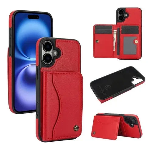 Funda de Cuero Awquer para iPhone 16 Plus con Tapa Horizontal para Tarjetas y Soporte (Rojo)