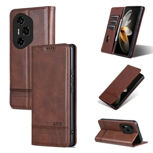 Funda de Cuero Azns con Tapa Magnética y Textura de Piel de Becerro para Honor 300 Ultra (Marrón Oscuro)
