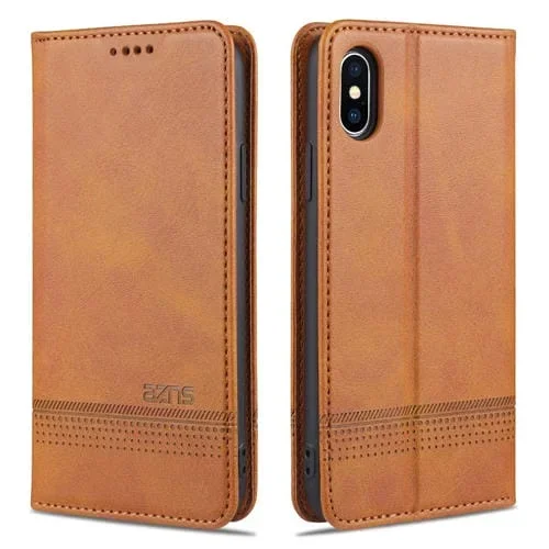 Funda de cuero Azns para iPhone Xs Max con tapa horizontal, textura de pantorrilla, ranuras para tarjetas, soporte y billetera (Marrón Claro)