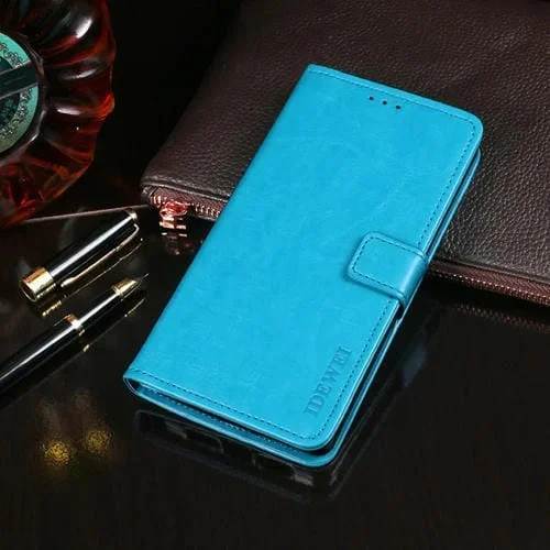 Funda de Cuero BlackView A80 Plus Idewei Crazy Horse con Soporte, Tragamonedas y Billetera (Sky Blue)