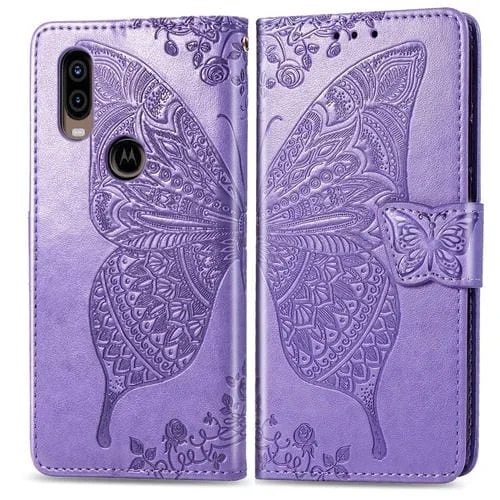 Funda de Cuero Butterfly Love Flowers para Motorola P40 con Tapa Horizontal, Soporte, Ranuras y Cordón (Violeta Claro)