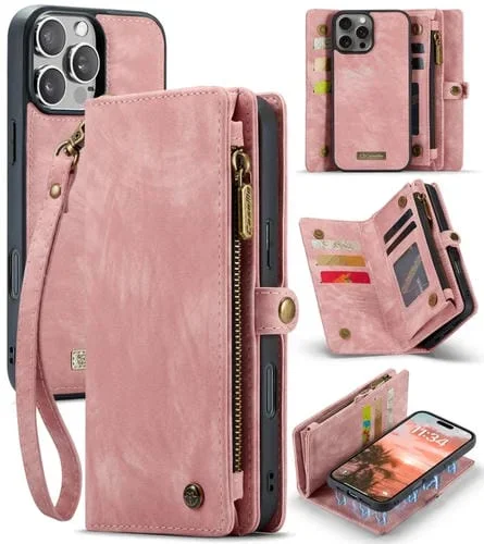Funda de Cuero Caseme 008 para iPhone 16 Pro Max Desmontable y Multifuncional (Rosa)