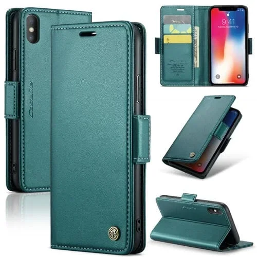 Funda de Cuero Caseme 023 para iPhone Se 2022/Se 2020/6/7/8 con Hebilla de Mariposa y Textura Litchi (Azul Perlado)