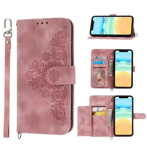 Funda de cuero con billetera para iPhone 13 Mini Skin-Feel Flowers en relieve (Rosa)