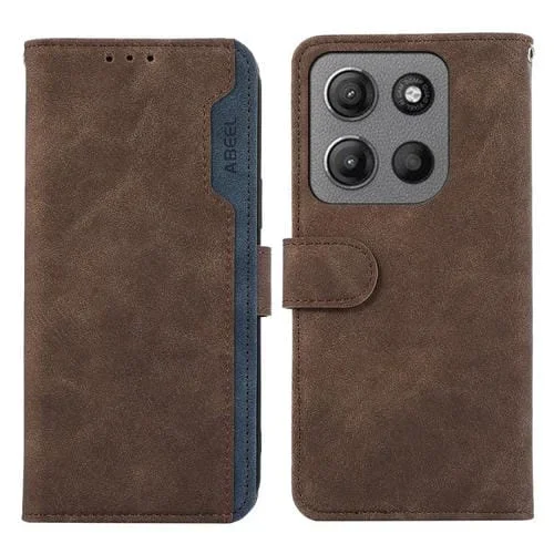 Funda de Cuero con Bloqueo Magnético RFID para Motorola Moto G15 4G/G05 Abeel (Marrón-Azul)