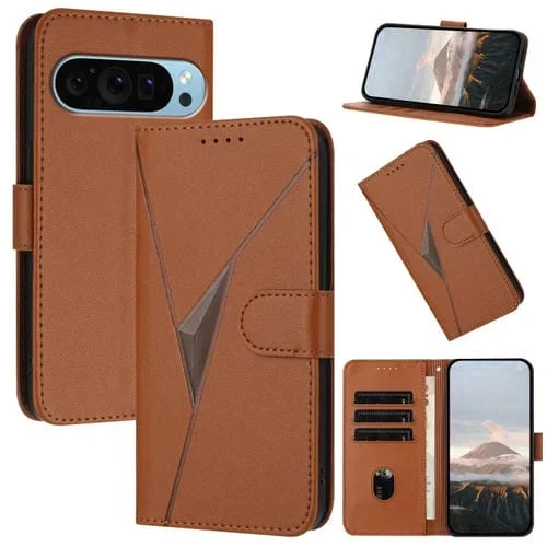 Funda de Cuero con Cierre de Hebilla y Diseño Triangular para Google Pixel 9 y Pixel 9 Pro (Marrón)