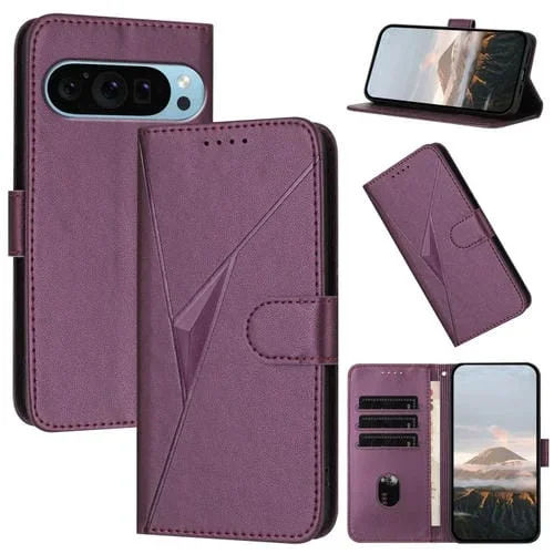 Funda de Cuero con Cierre de Hebilla y Diseño Triangular para Google Pixel 9 y Pixel 9 Pro (Morado Oscuro)