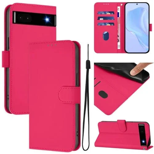 Funda de Cuero con Cordón para Google Pixel 6A con Sensación de Piel (Rojo Rosa)