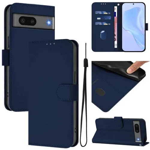 Funda de Cuero con Cordón para Google Pixel 7 (Azul Marino) Diseño Liso y Tacto Agradable