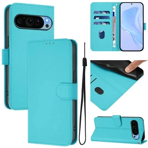 Funda de Cuero con Cordón para Google Pixel 9 y Pixel 9 Pro (Azul Lago)