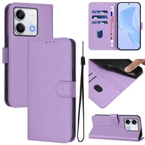 Funda de Cuero con Cordón para Redmi Note 13 5G, Color Sólido, Tacto Global (Morado Lavanda)