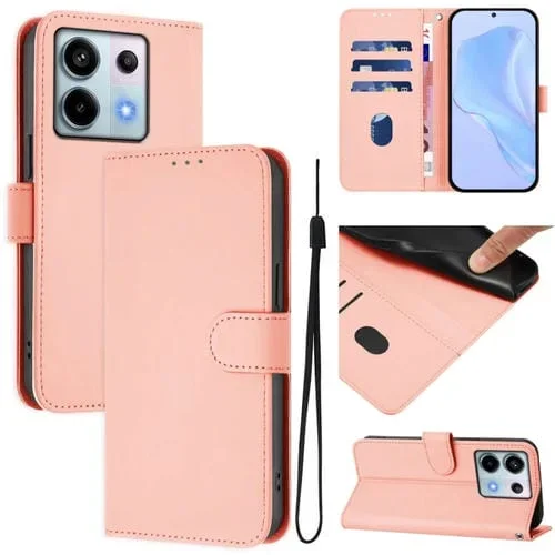 Funda de Cuero con Cordón para Redmi Note 13 Pro 5G, Color Sólido, Tacto Global (Rosa)