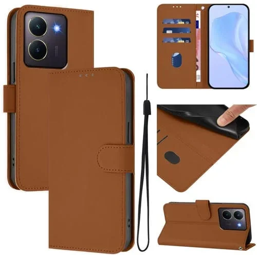 Funda de Cuero con Cordón para Teléfono con Diseño de Piel de Color Liso y Tacto Suave para Vivo Y36 5G Global / Y36 4G Global (Marrón)