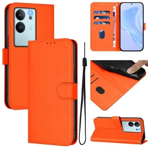Funda de Cuero con Cordón para Teléfono con Diseño de Piel de Color Liso y Tacto Suave para Vivo V29E 5G Global / Y200 5G Global (Naranja)