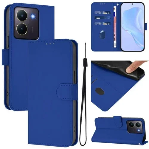 Funda de Cuero con Cordón para Teléfono con Diseño de Piel de Color Liso y Tacto Suave para Vivo Y36 5G Global / Y36 4G Global (Azul Oscuro)
