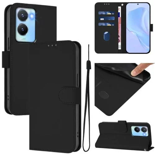 Funda de Cuero con Cordón para Teléfono con Diseño de Piel de Color Liso y Tacto Suave para Vivo Y56 5G Global / Y16 4G Global (Negro)