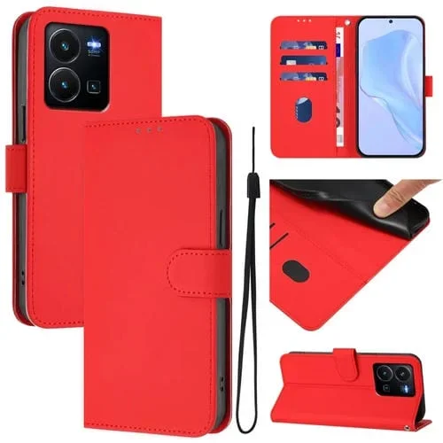 Funda de Cuero con Cordón para Teléfono con Diseño de Piel de Color Liso y Tacto Suave para Vivo Y35 4G Global / Y22S 4G Global (Rojo)