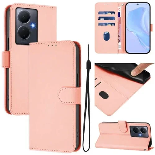 Funda de Cuero con Cordón para Teléfono con Diseño de Piel Sintética de Color Liso y Tacto Suave para Vivo Y78 5G Global/V29 Lite (Rosa)