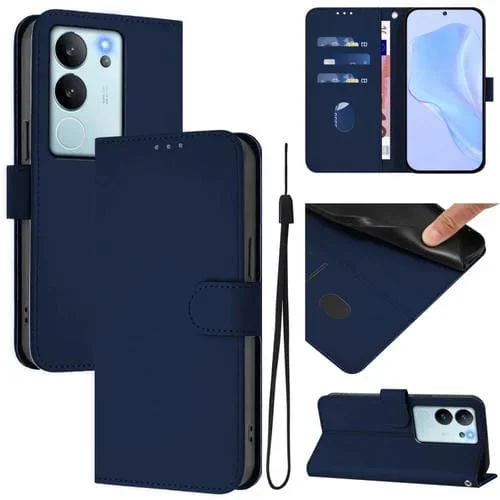 Funda de Cuero con Cordón para Teléfono con Diseño de Piel Sintética de Color Liso y Tacto Suave para Vivo V29E 5G Global / Y200 5G Global (Azul Marino)