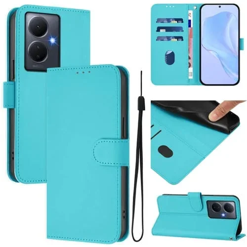 Funda de Cuero con Cordón para Teléfono con Sensación de Piel de Color Sólido para Vivo Y78 5G Global / V29 Lite (Azul Lago)