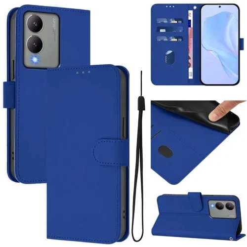 Funda de Cuero con Cordón para Teléfono con Sensación de Piel Global para Vivo Y17S 4G (Azul Oscuro)