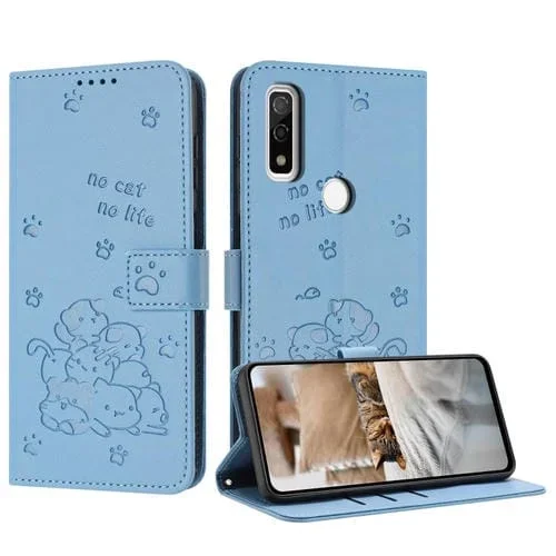 Funda de Cuero con Cordón para Teléfono Fujitsu Arrows We F-51B con Diseño de Gatito En Relieve (Azul)