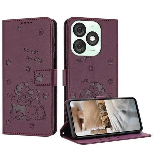 Funda de Cuero con Cordón para Teléfono Itel A50 Diseño de Gatito en Relieve (Rojo Vino)