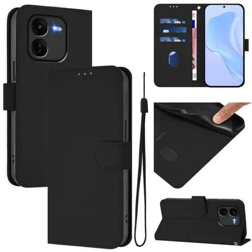 Funda de Cuero con Cordón para Teléfono Vivo Iqoo Z9X Skin Feel de Color Sólido (Negro)