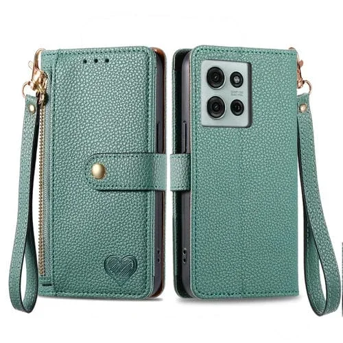 Funda de Cuero con Cordón y Cremallera Love para Motorola Moto G75 5G (Verde)