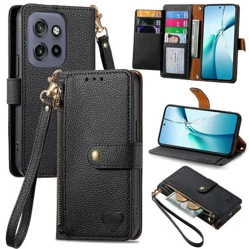 Funda de Cuero con Cordón y Cremallera Love para Motorola Moto S50 (Negra)