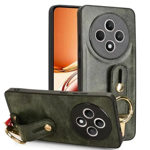 Funda de Cuero con Correa para la Muñeca para Oppo Reno12 F 5G (Verde)