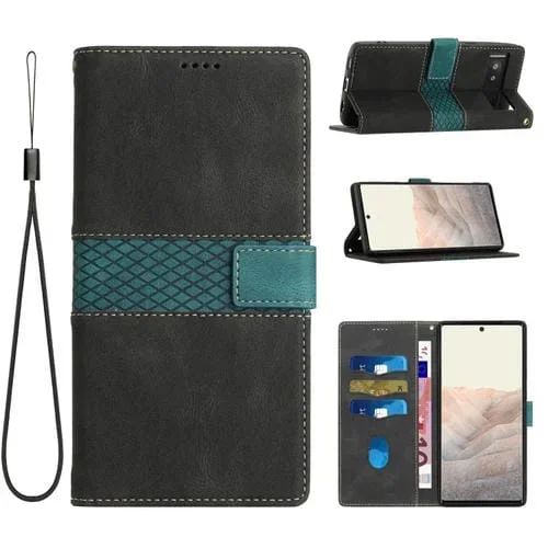 Funda de Cuero con Costuras en Cuadrícula para Google Pixel 7A con Cordón (Negro)