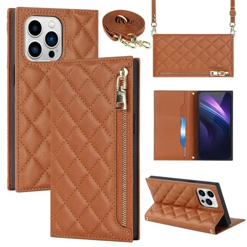 Funda de Cuero con Cremallera para iPhone 13 Pro Max Grid Texture (Marrón)