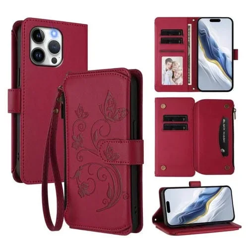 Funda de cuero con cremallera para iPhone 14 Pro Max, diseño de mariposas, flores y amor (rojo vino)