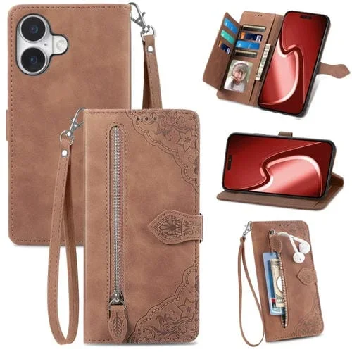 Funda de Cuero con Cremallera para iPhone 16 Plus Diseño Flores en Relieve (Marrón)
