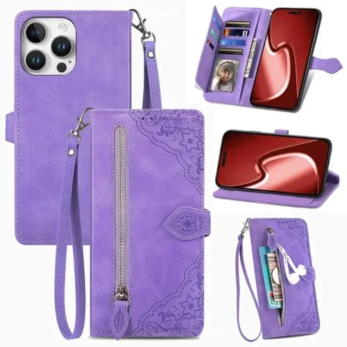Funda de Cuero con Cremallera para iPhone 16 Pro Diseño de Flores En Relieve (Morado)