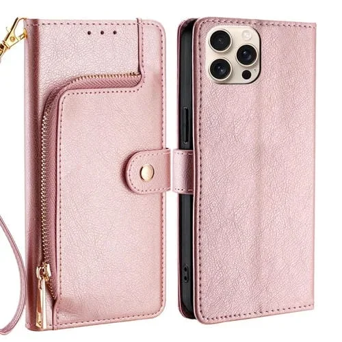 Funda de Cuero con Cremallera para iPhone 16 Pro Max (Oro Rosa)