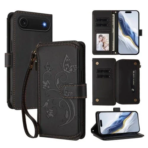 Funda de cuero con cremallera para iPhone 17 Air, diseño de mariposas y flores, con múltiples tarjetas (negro)