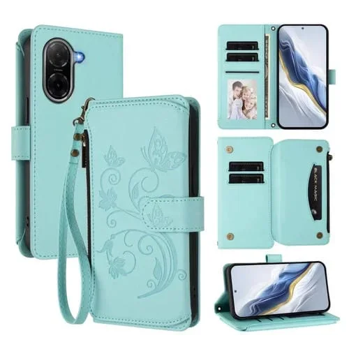 Funda de cuero con cremallera para Redmi A5 4G (173,3 mm), diseño de mariposas y flores (verde menta)