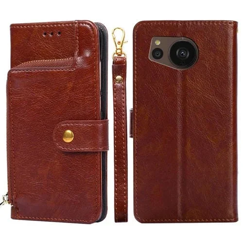 Funda de Cuero con Cremallera para Sharp Aquos Sense7 Plus (Marrón)