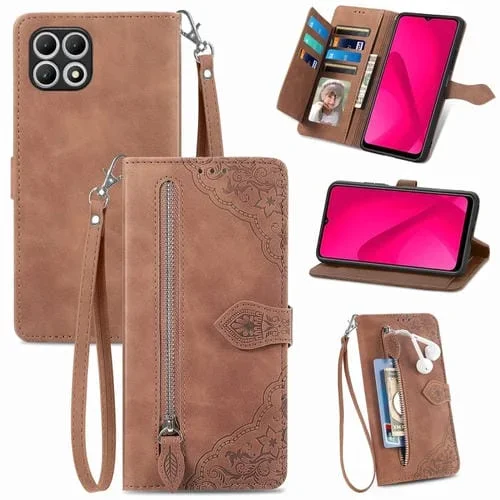 Funda de Cuero con Cremallera para T-Mobile Revvl 7 Pro 5G (Marrón)