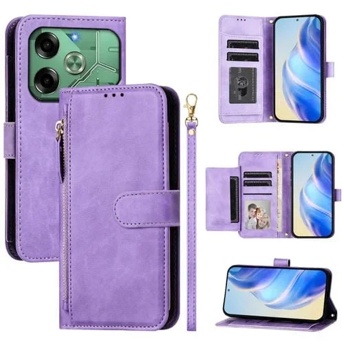 Funda de Cuero con Cremallera para Tecno Pova 6 4G con Ranuras para Tarjetas y Billetera (Morado)
