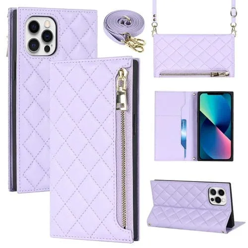 Funda de Cuero con Cremallera para Teléfono iPhone 12 Pro Max Grid Texture (Púrpura)