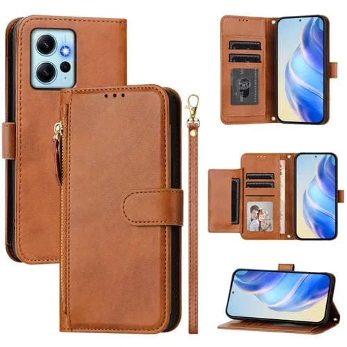 Funda de Cuero con Cremallera para Teléfono Redmi Note 12 4G con Ranuras para Múltiples Tarjetas y Billetera (Marrón)