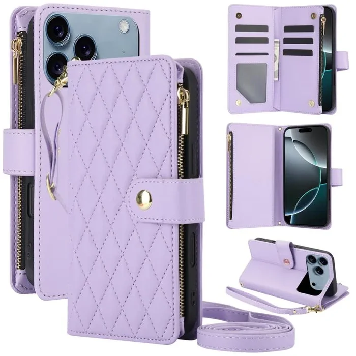 Funda de cuero con cremallera rombal para iPhone 17 Pro YM016 con tarjetero y cordón (morado claro)