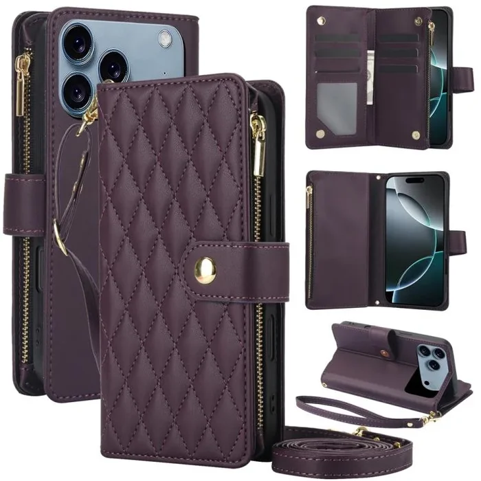 Funda de cuero con cremallera y cordón para iPhone 17 Pro Max YM016 (morado oscuro)