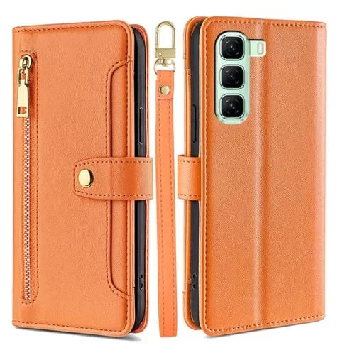 Funda de Cuero con Cremallera y Diseño Cruzado para Infinix Hot 50 5G (Naranja)